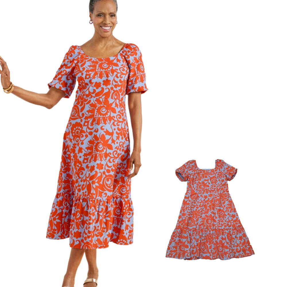 Talbots Orange and Light Blue Floral Midi Dress